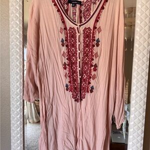 Denim 24/7 Pink Embroidered V-Neck Tunic with Red and Blue Accents